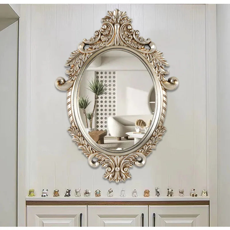 European Carved Oval Bathroom Mirror Retro Toilet Glass Entrance Wall Hanging Decorative Mirrors Home Decoration Espelho - Image 2
