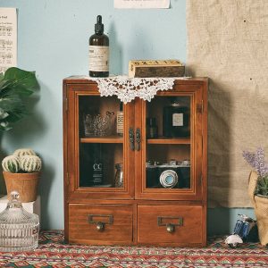 Nordic Solid Wood Double-Door Display Cabinet – Retro Cosmetic and Desktop Storage