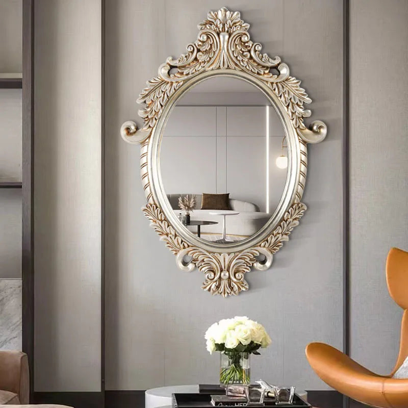 European Carved Oval Bathroom Mirror Retro Toilet Glass Entrance Wall Hanging Decorative Mirrors Home Decoration Espelho - Image 3