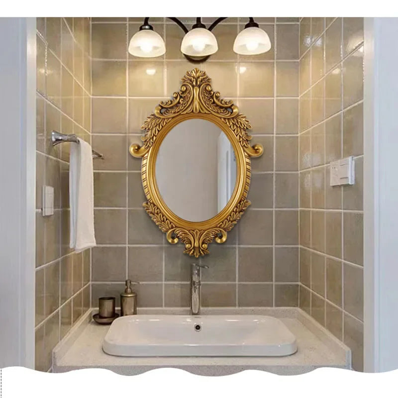 European Carved Oval Bathroom Mirror Retro Toilet Glass Entrance Wall Hanging Decorative Mirrors Home Decoration Espelho - Image 4